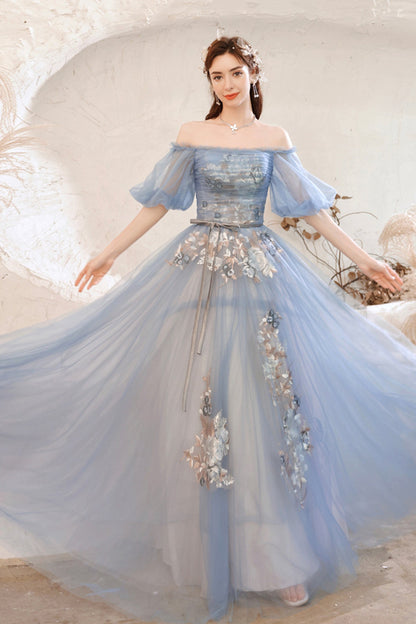 Blue lace long A line prom dress blue evening dress  8751