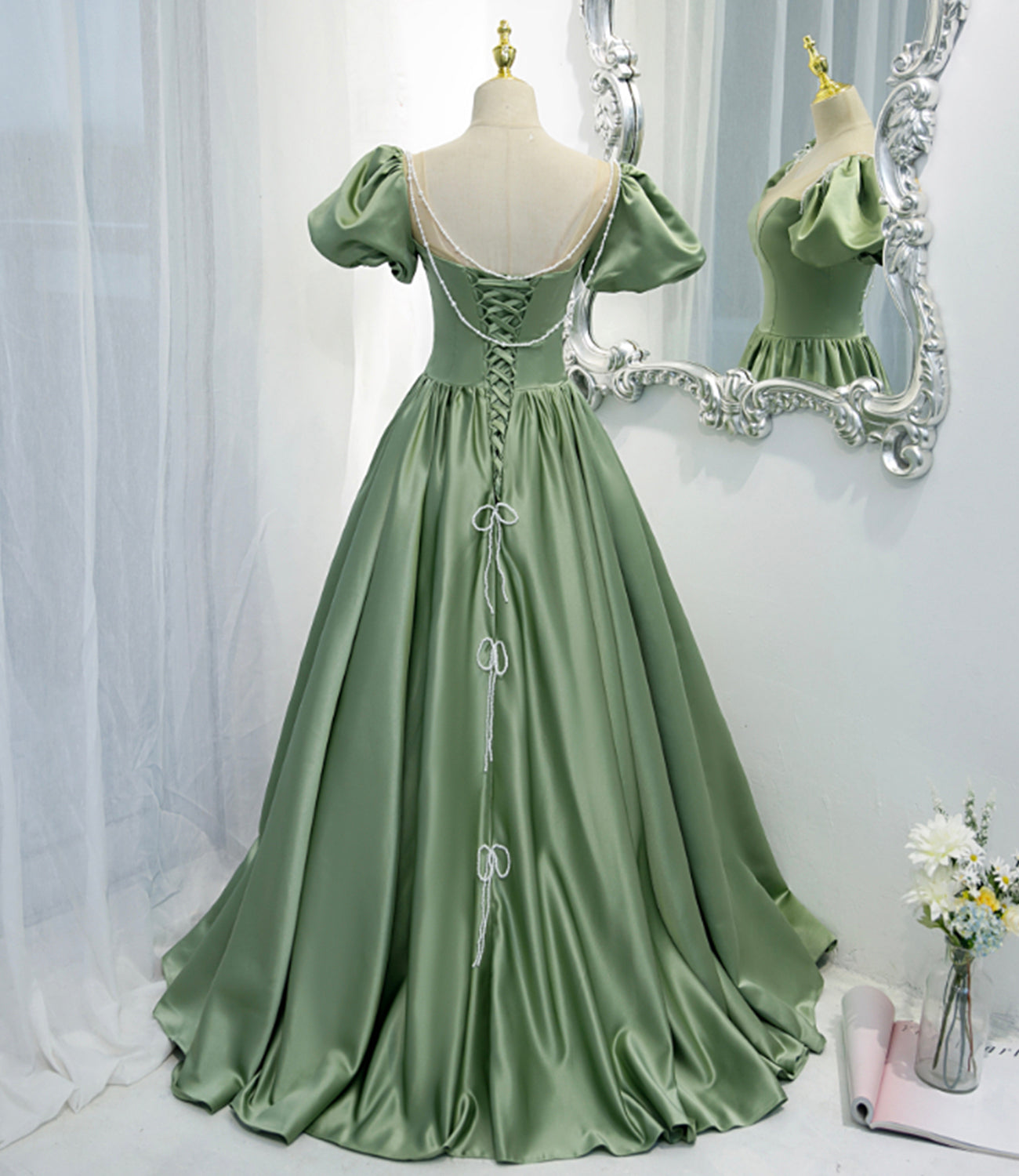 Green satin long A line prom dress green evening dress  8810