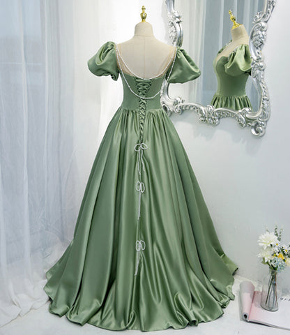 Green satin long A line prom dress green evening dress  8810