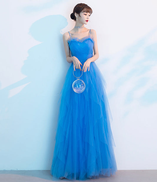 Blue tulle long A line prom dress blue evening dress  8904