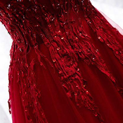 Burgundy tulle lace long prom dress  8316