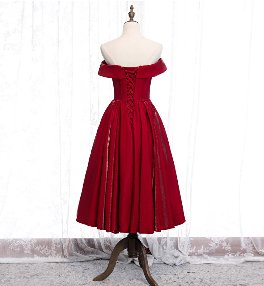 Burgundy satin short prom dress party dress  8395