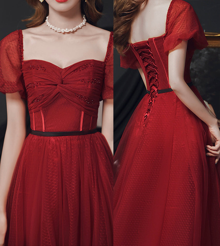 Burgundy tulle long prom dress evening dress  8553