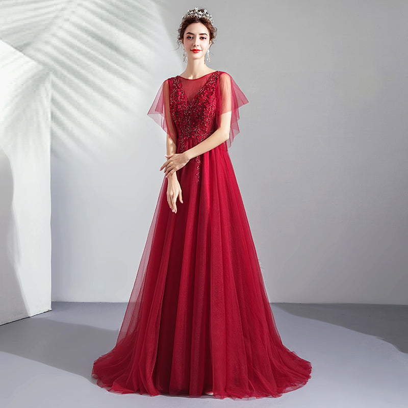 Burgundy tulle lace long prom dress evening dress  8256