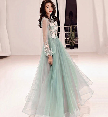 Green lace applique prom dress A line evening dress  8476