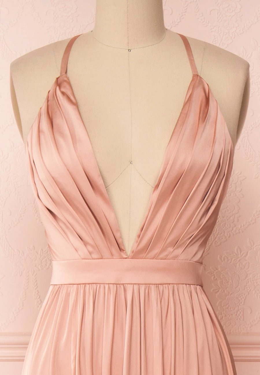 Pink v neck satin long prom dress  8176