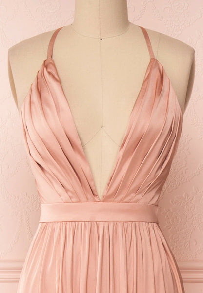 Pink v neck satin long prom dress  8176