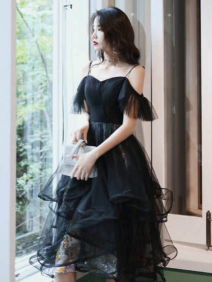 Unique design black tulle short prom dress  8358
