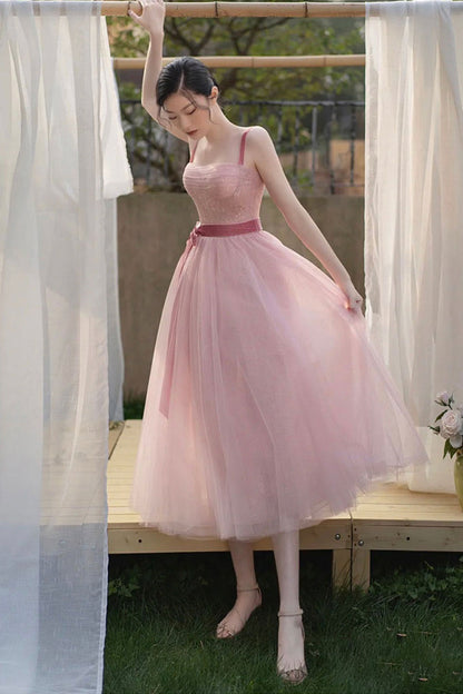 Pink tulle short A line prom dress evening dress  8857