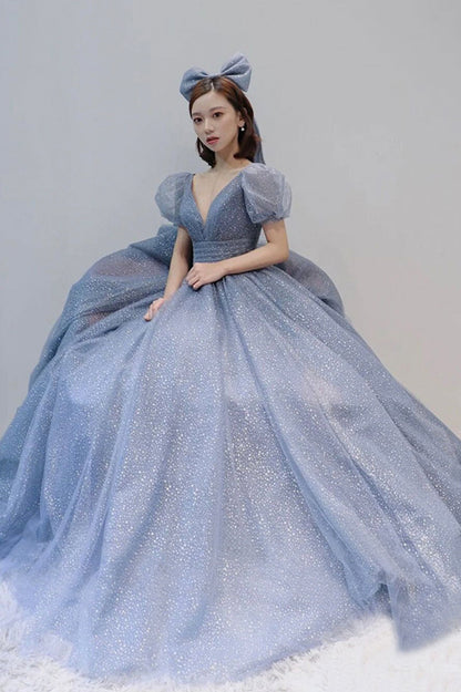 Blue v neck tulle long A line prom dress evening dress  8691