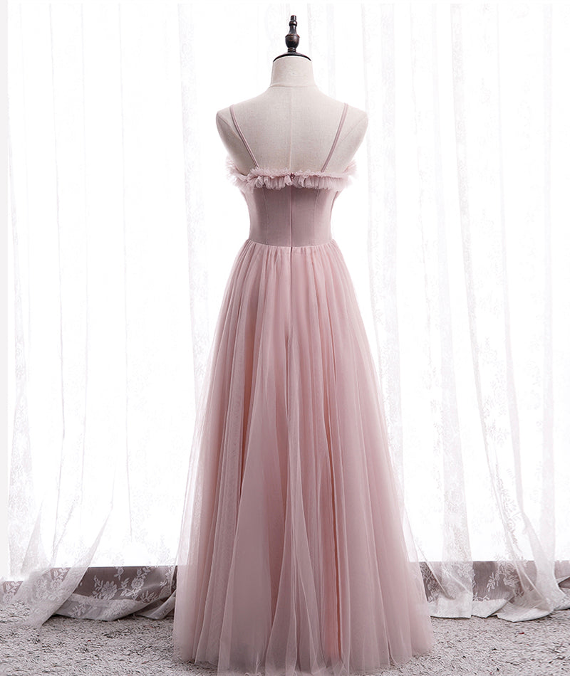 Pink tulle long prom dress simple evening dress  8399