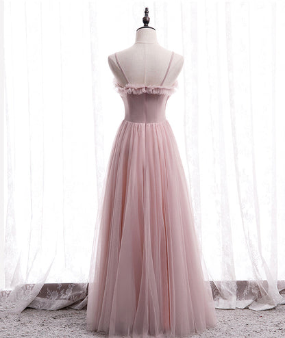 Pink tulle long prom dress simple evening dress  8399