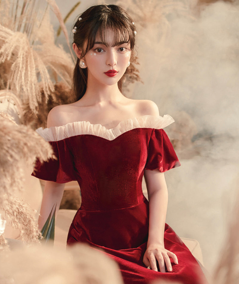 Burgundy velvet long prom dress evening dress  8383