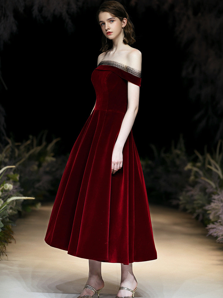 Burgundy velvet short prom dress party dress  8344