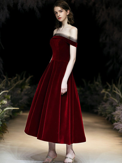 Burgundy velvet short prom dress party dress  8344