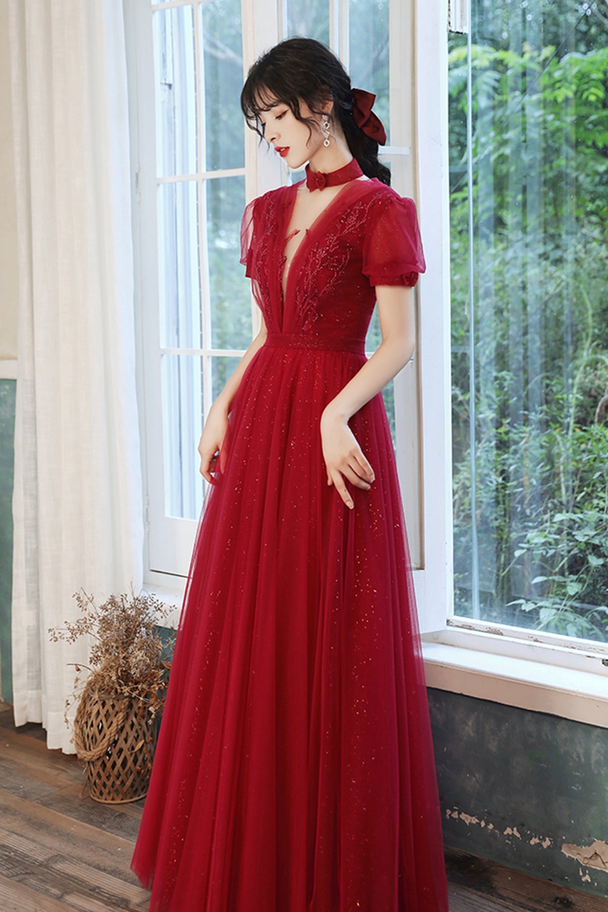 Burgundy tulle long A line prom dress evening dress  8757