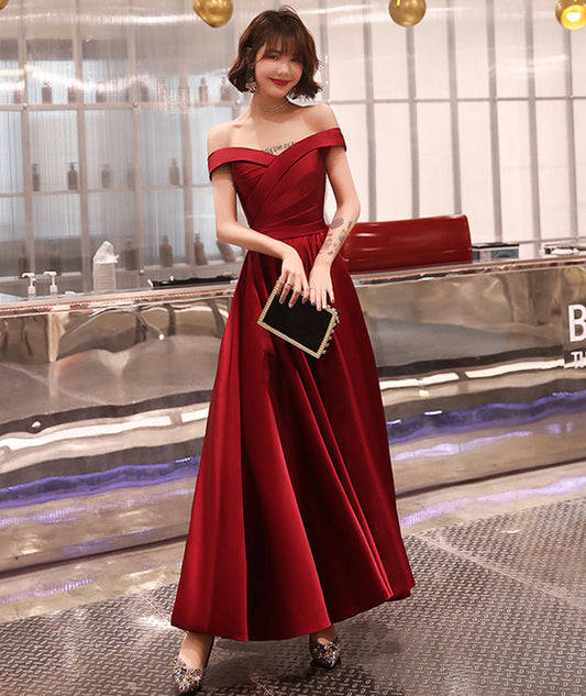 Burgundy satin A line prom dress party dress  8381