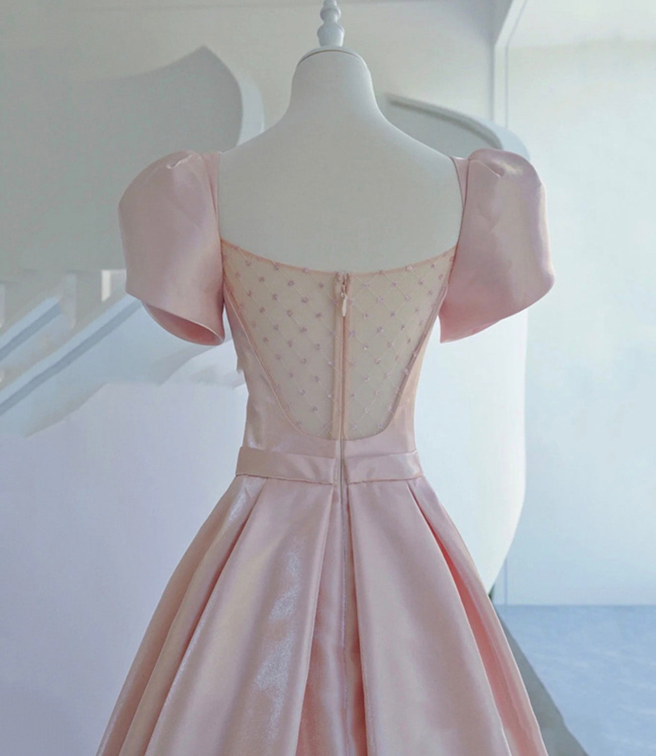 Pink satin long A line prom dress pink evening dress  8938