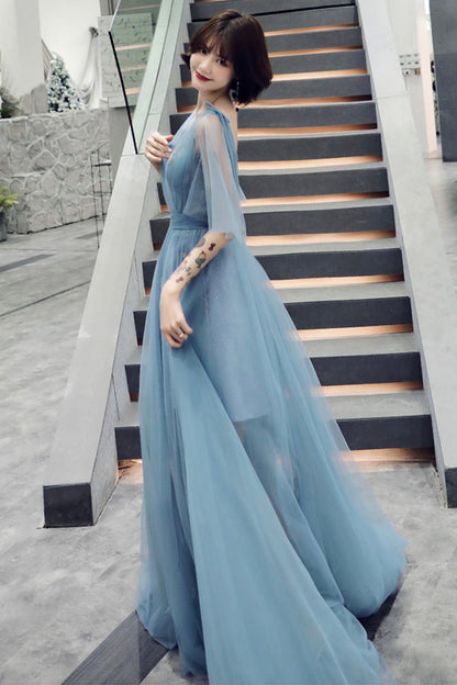 Blue tulle long A line prom dress blue evening dress  8760