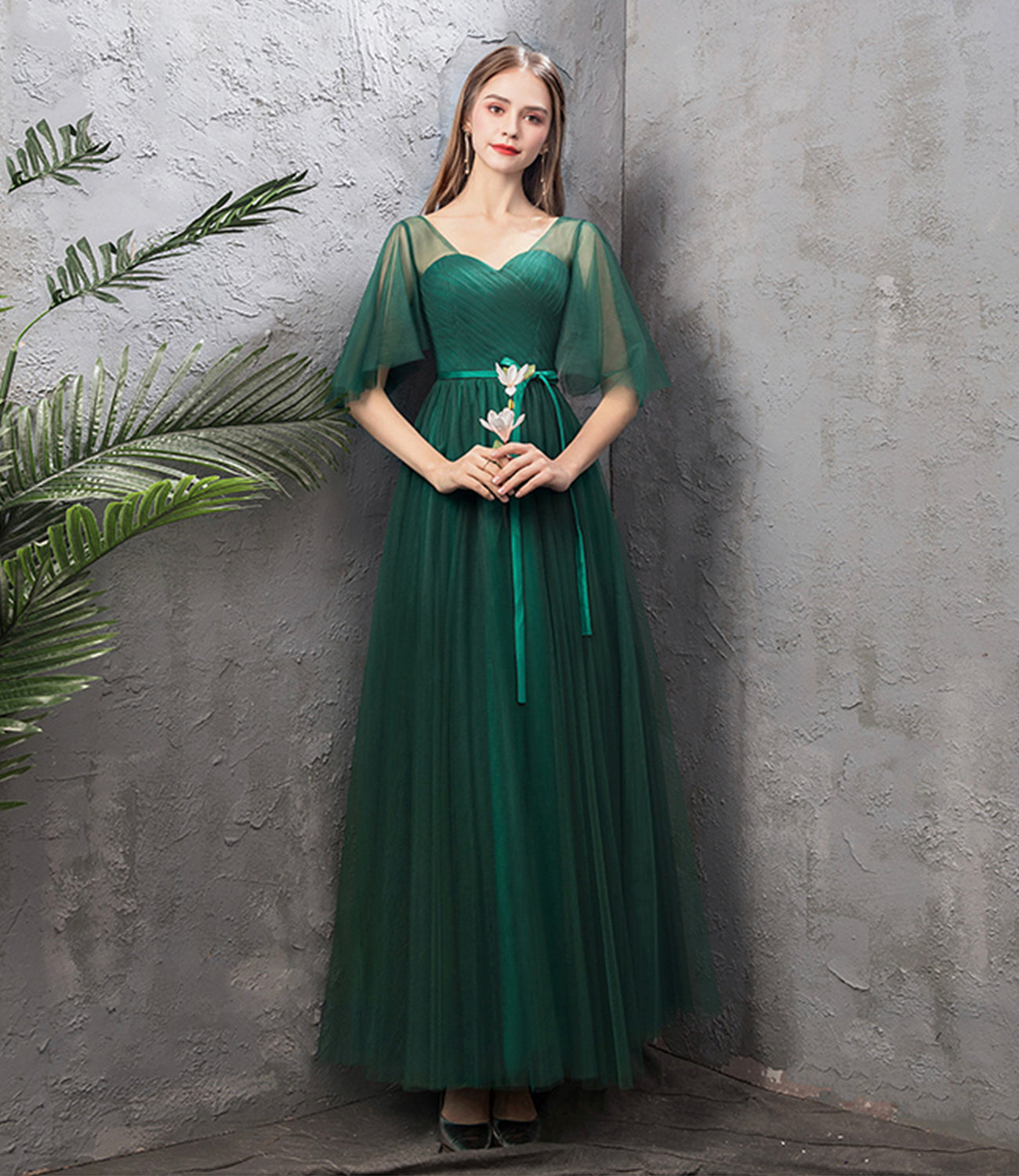 Green tulle long A line prom dress green evening dress  8868