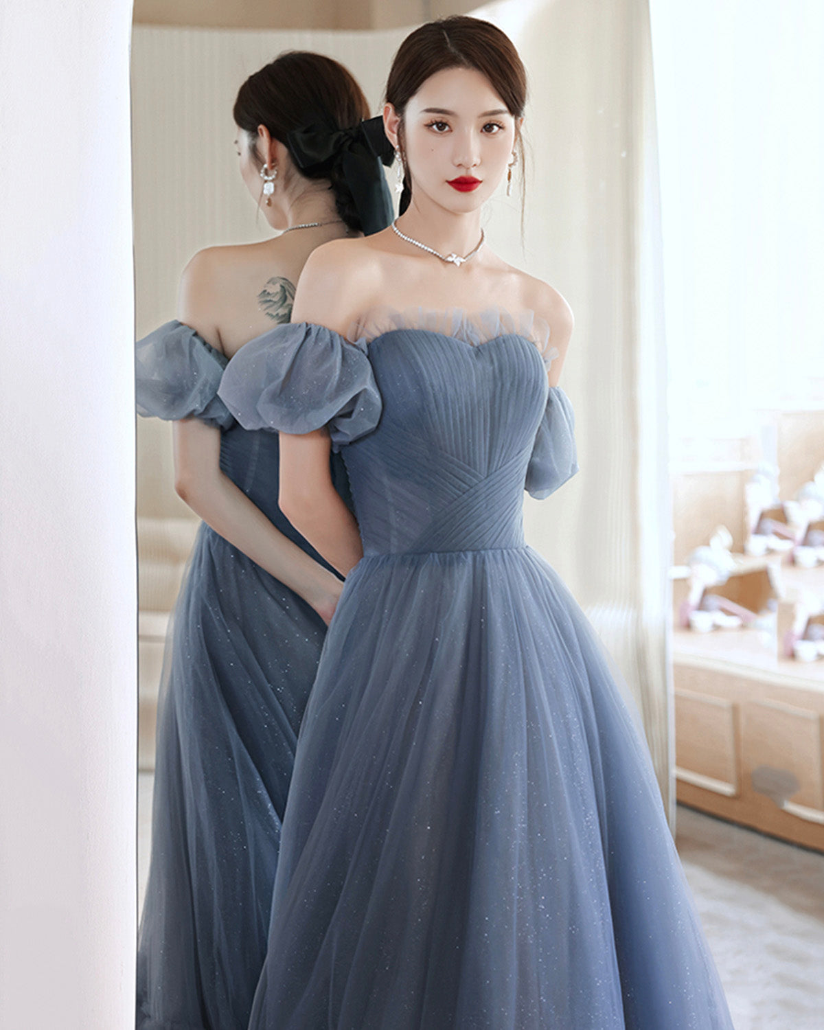 Blue tulle long A line prom dress blue evening dress  8903