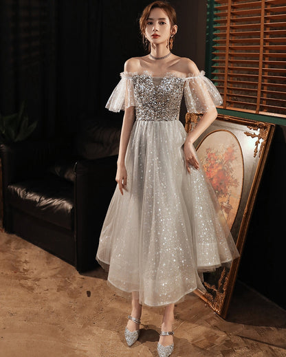 Gray sequins short prom dress evening dress  8359