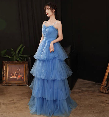 Blue tulle long A line prom dress blue evening dress  8906