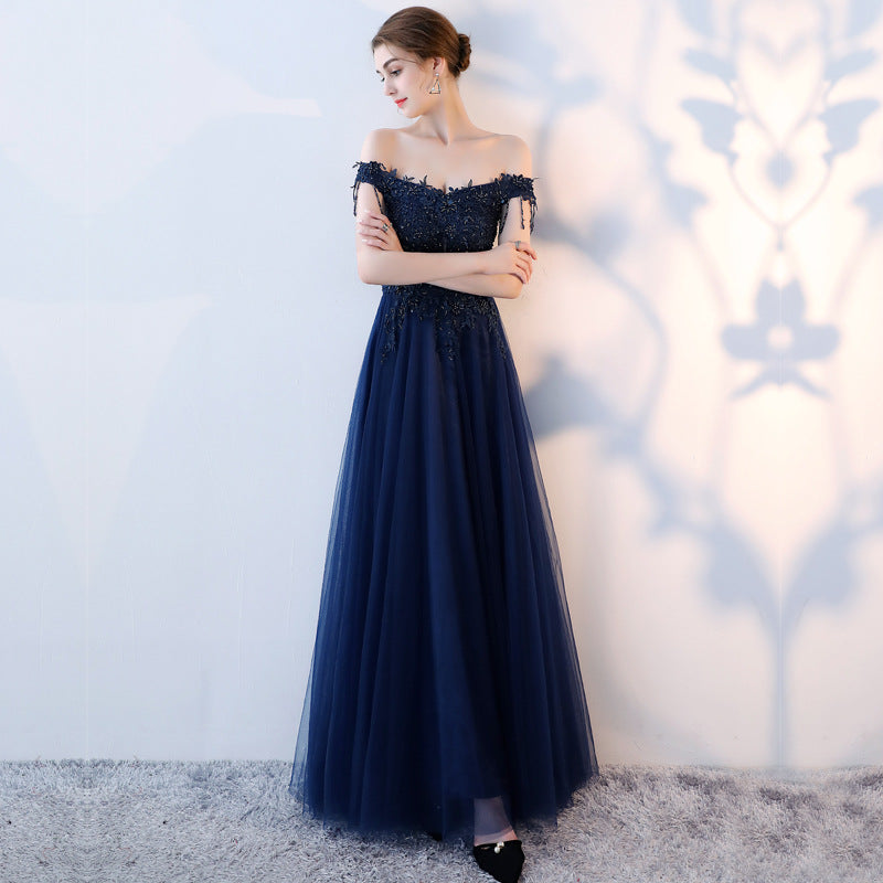 Blue tulle beads long prom dress, blue evening dress  8152