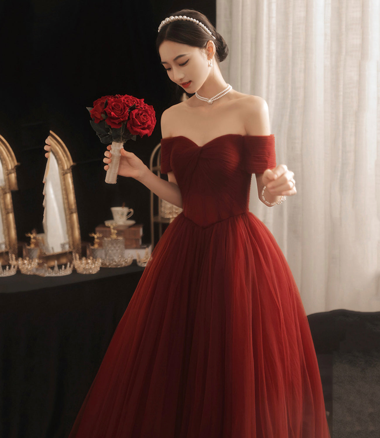 Burgundy tulle long A line prom dress evening dress  8874