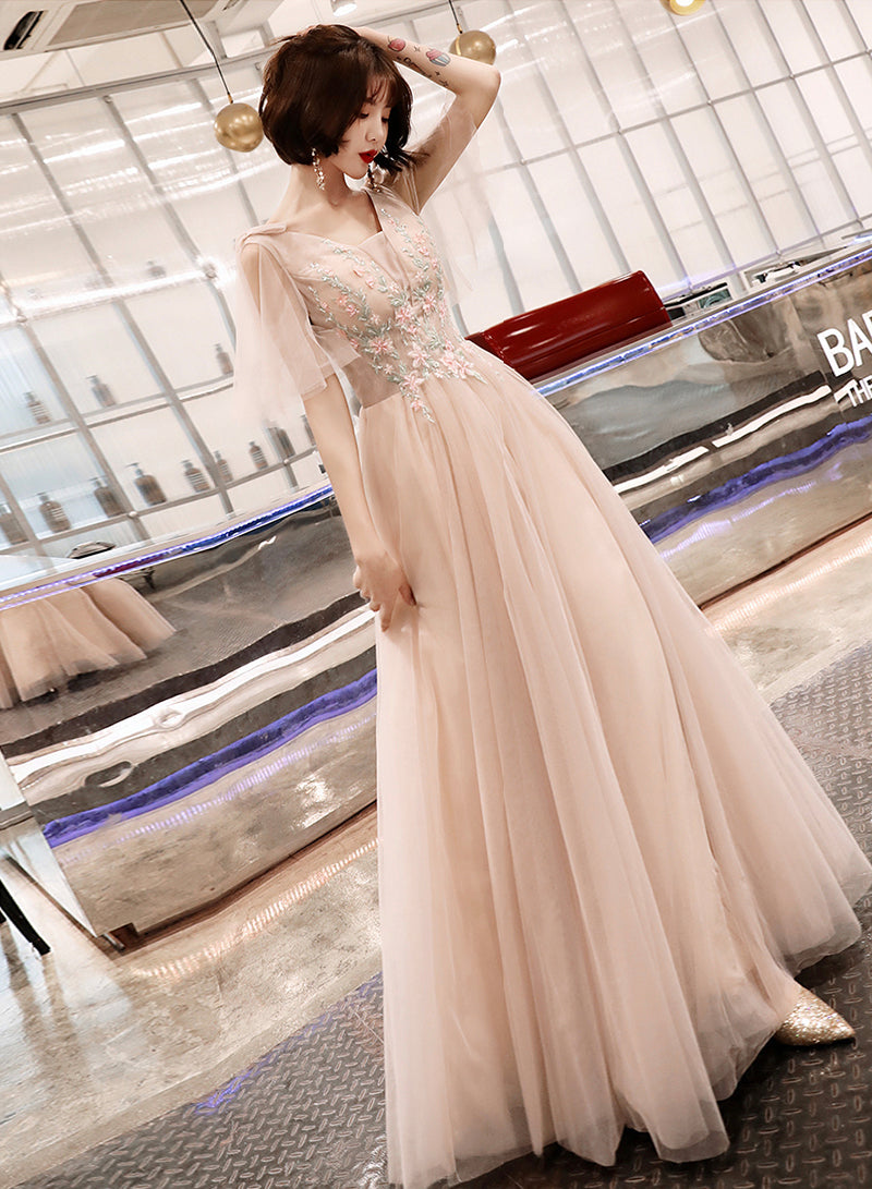 Stylish v neck tulle lace long prom dress formal dress  8535