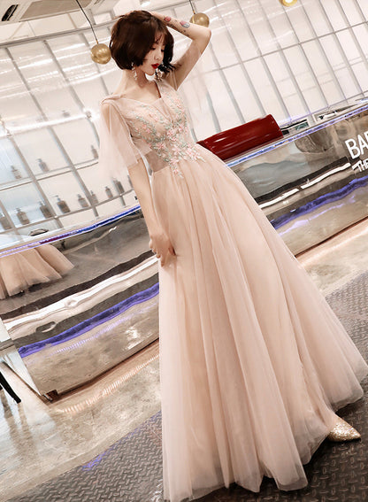 Stylish v neck tulle lace long prom dress formal dress  8535