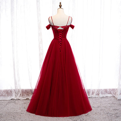 Burgundy tulle long prom dress evening dress  8261