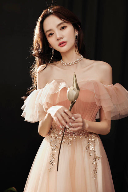 Pink tulle sequins long prom dress evening dress  8600