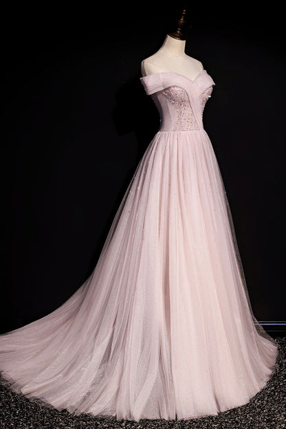 Pink tulle beads long prom dress A line evening dress  8648