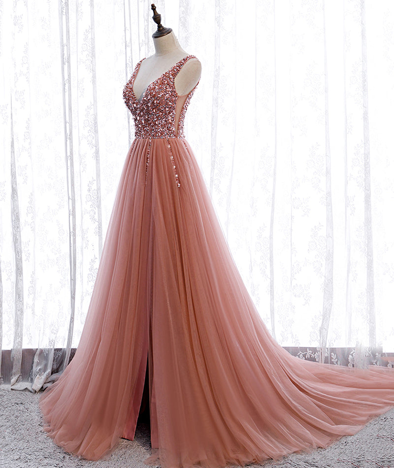 Pink v neck tulle beads prom dress A line evening dress  8377