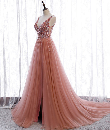 Pink v neck tulle beads prom dress A line evening dress  8377