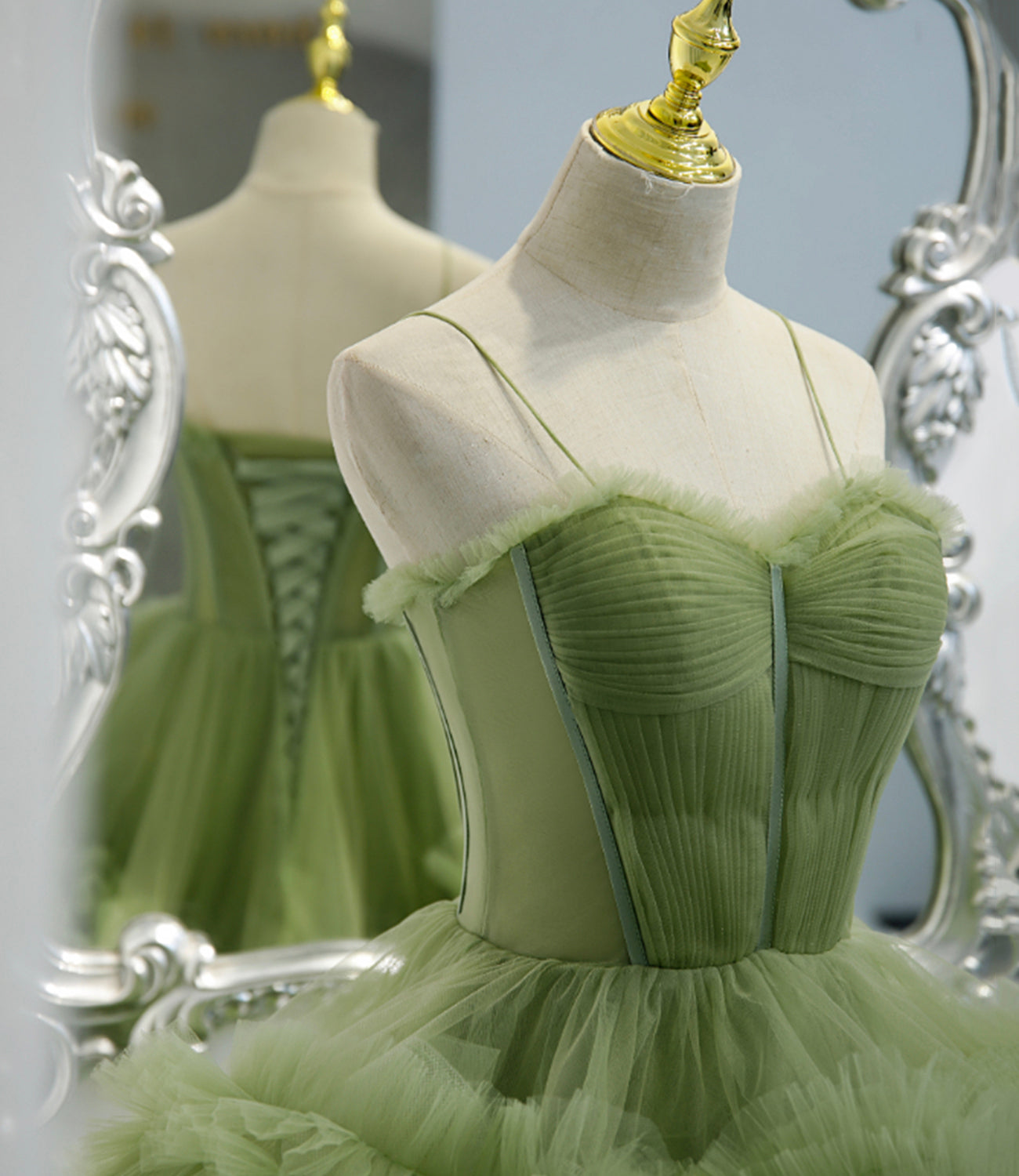 Green tulle long A line prom dress green evening dress  8836