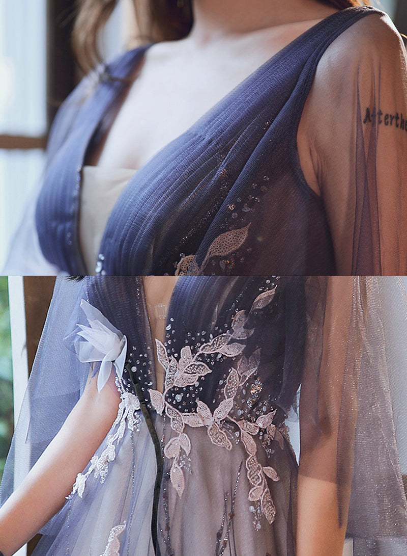 Blue v neck tulle lace long prom dress evening dress  8475