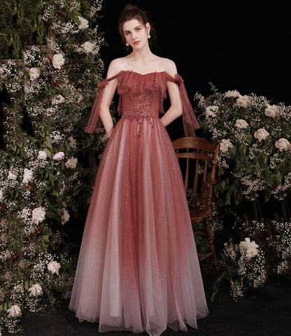 Burgundy tulle long A line prom dress evening dress  8798