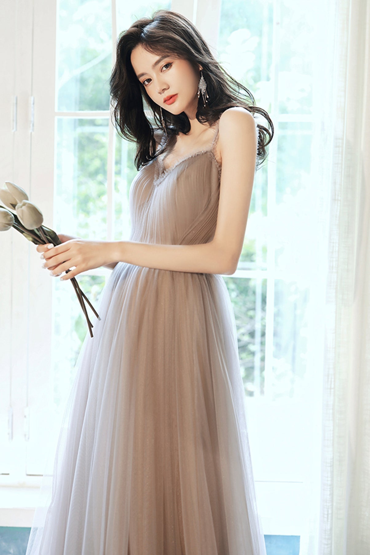 Stylish v neck tulle long A line prom dress evening dress  8719