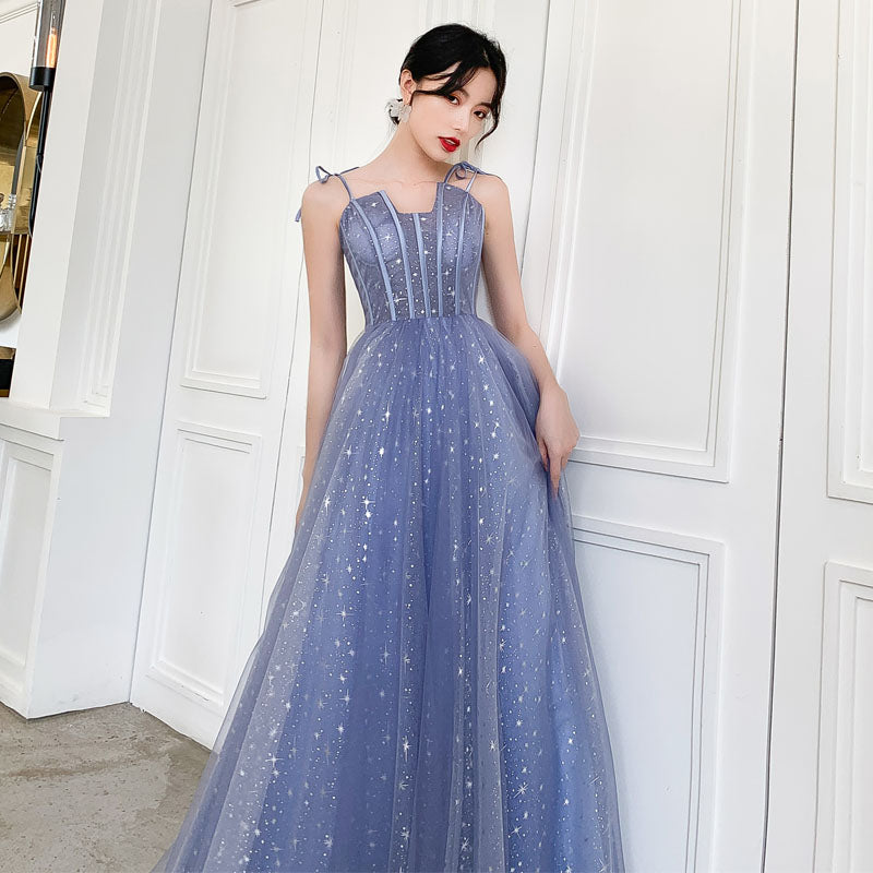 Blue tulle long prom dress, blue evening dress  8139