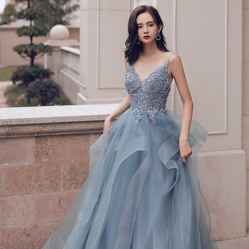 Blue v neck tulle lace long prom dress  8221