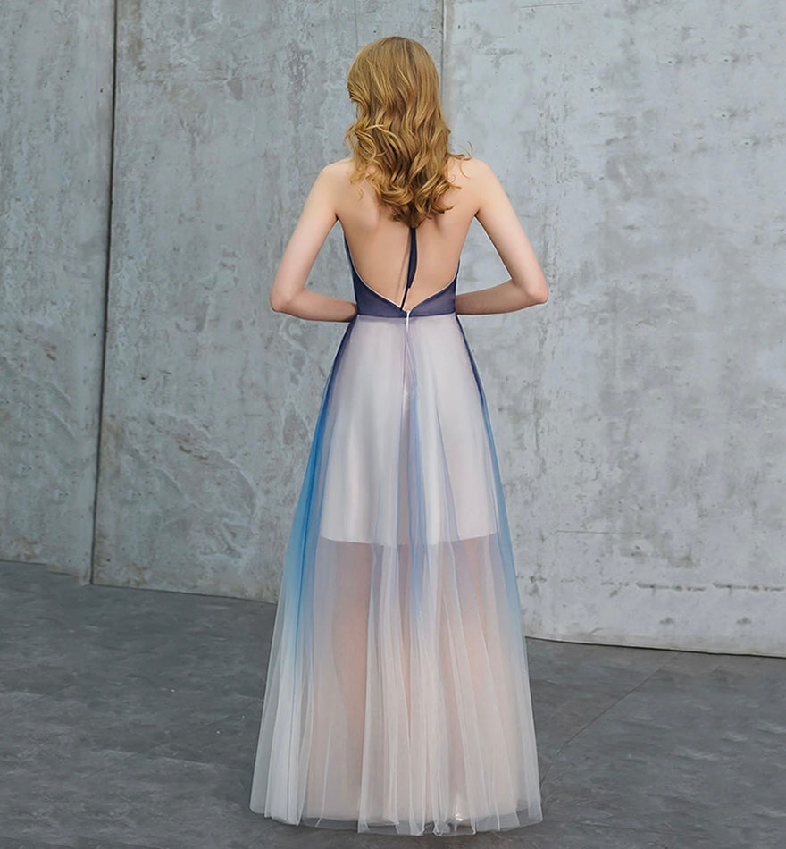 Blue v neck tulle long prom dress blue evening dress  8443