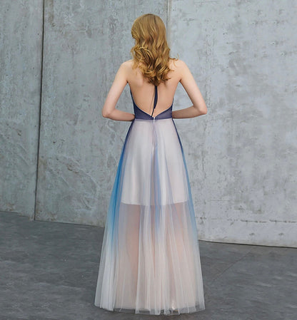 Blue v neck tulle long prom dress blue evening dress  8443