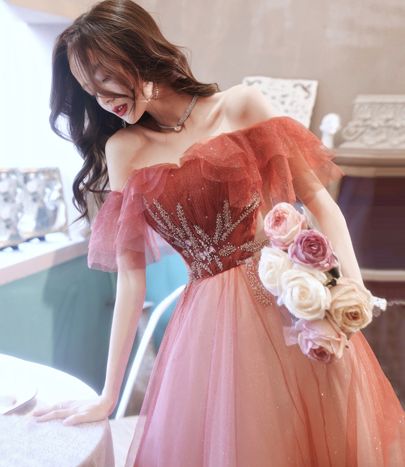 Burgundy tulle long A line prom dress evening dress  8920