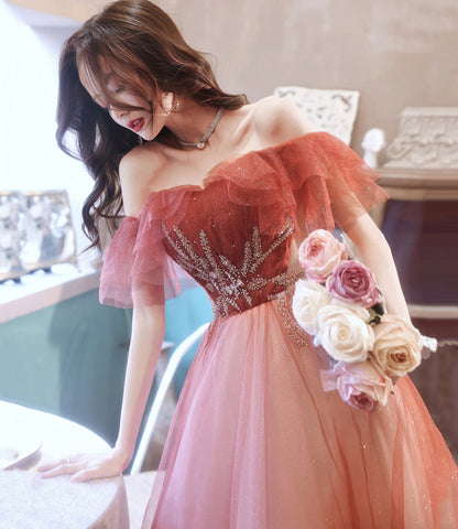 Burgundy tulle long A line prom dress evening dress  8920