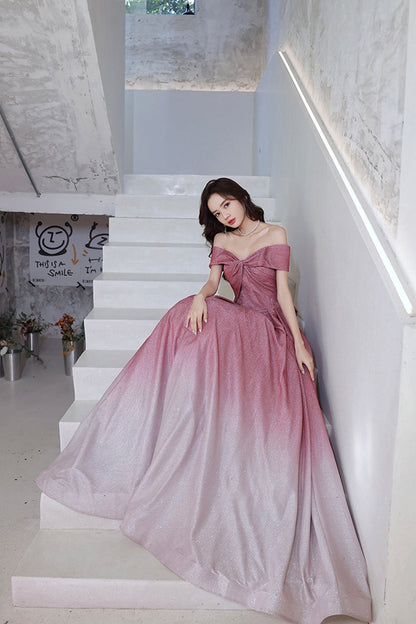 Pink gradient long A line prom dress pink evening dress  8742