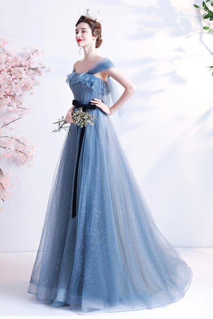 Blue tulle long A line prom dress blue evening dress  8777