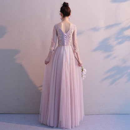 Pink long sleeve lace prom dress evening dress  8374