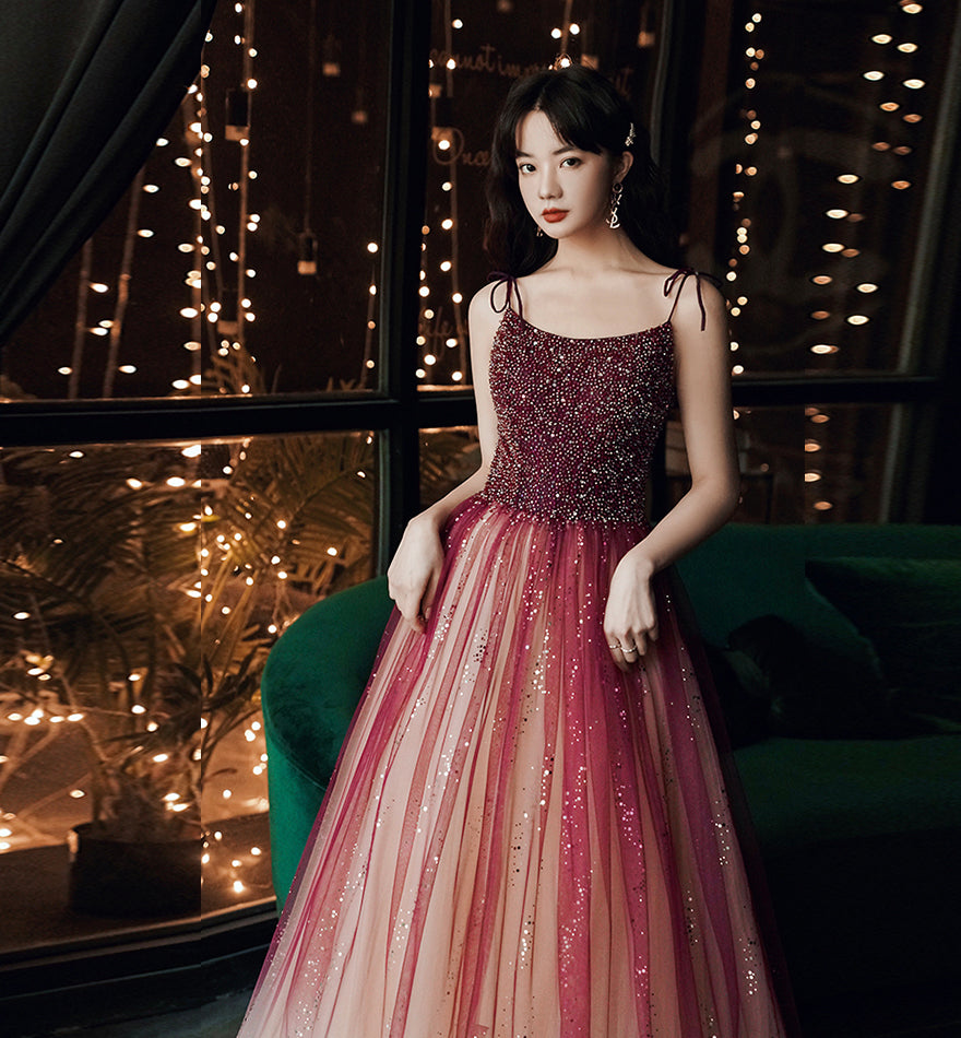 Burgundy tulle beads long prom dress evening dress  8459